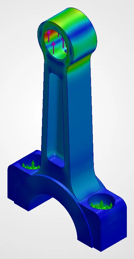 CR-110 rod body in SOLIDWORKS Simulation under 14 kN inertia tension: von Mises stress contour, red at the sides of the small-end eye, blue over the big end
