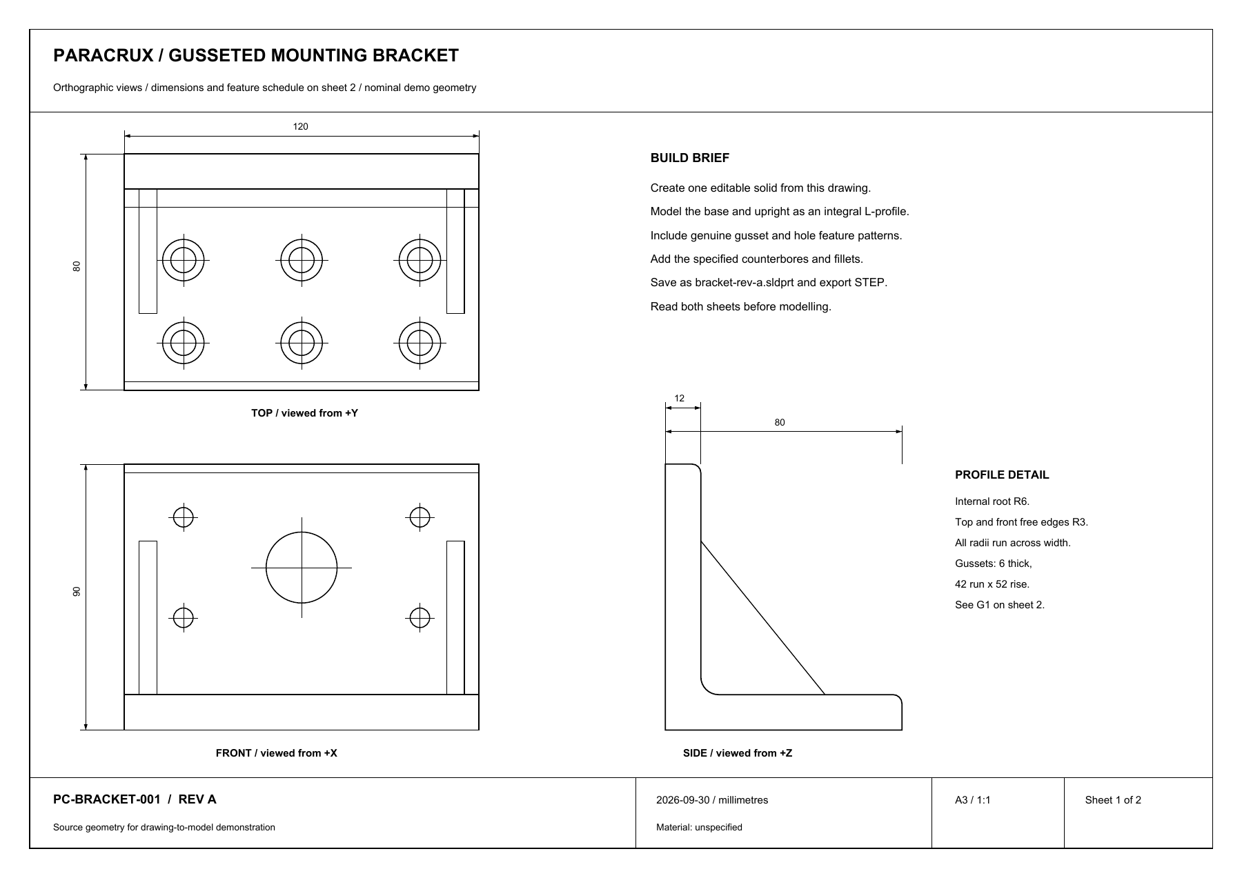 Source engineering drawing of revision A, with dimensioned views and hole details