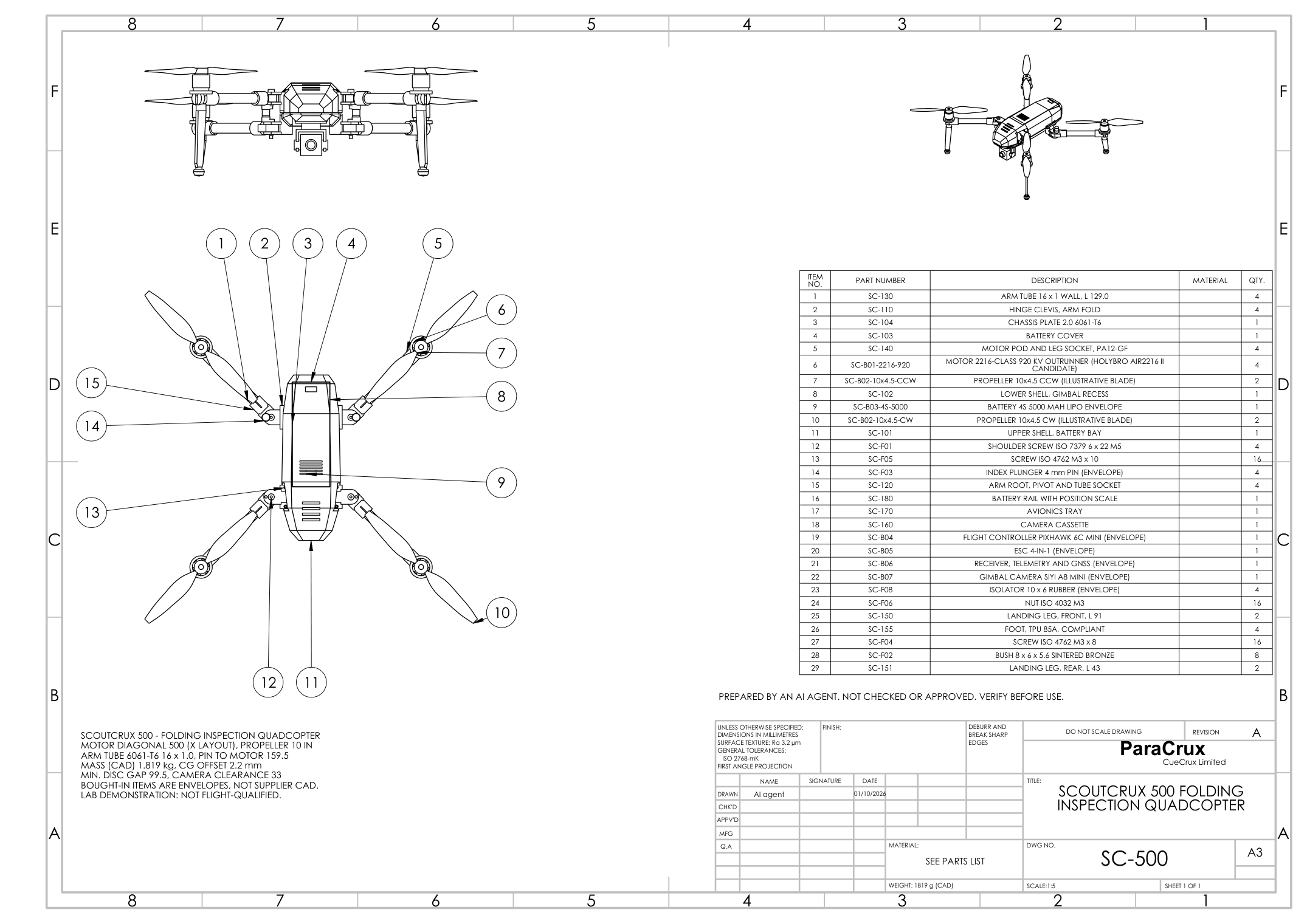 General arrangement drawing of ScoutCrux 500 with parts list and balloons