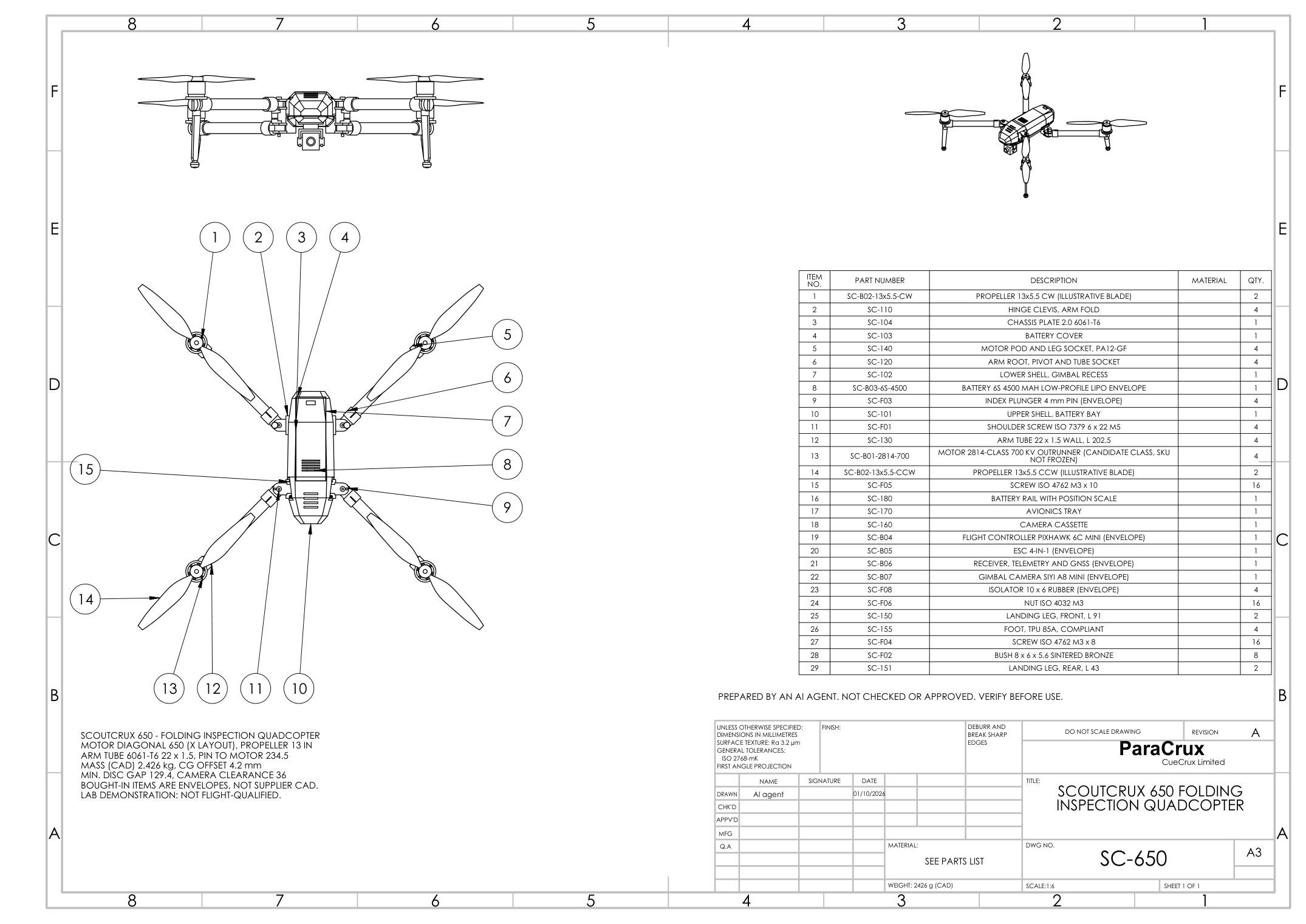 General arrangement drawing of ScoutCrux 650 with parts list and balloons