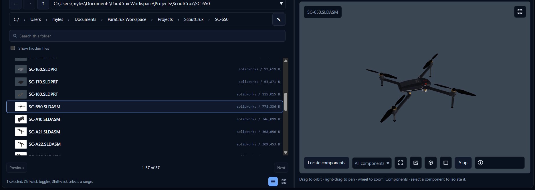 ParaCrux Desktop showing the ScoutCrux 650 assembly with its component list and a 3D preview