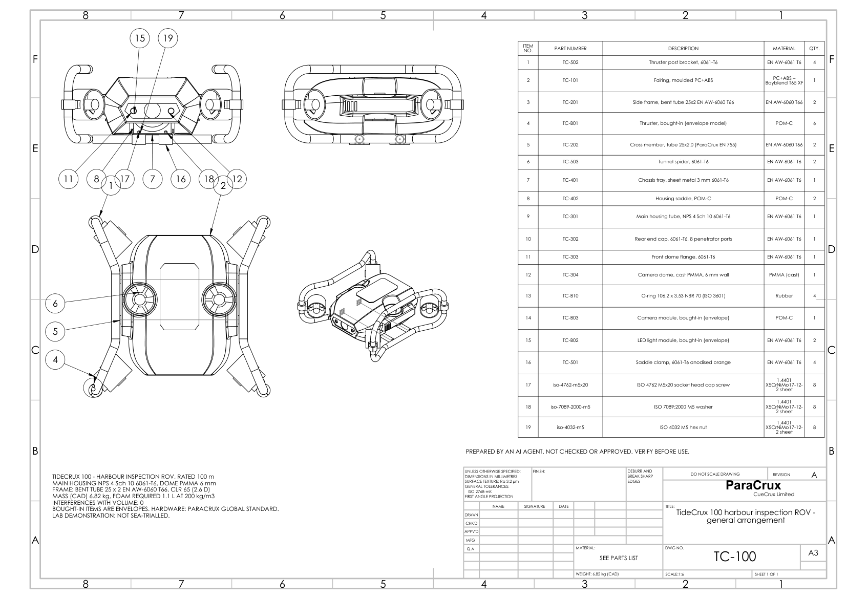TideCrux 100 general arrangement drawing with three views, a parts list and balloons