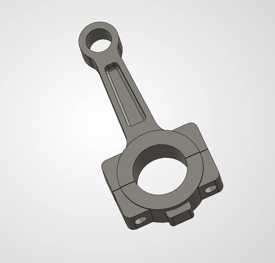 The finished CR-110 connecting rod in SOLIDWORKS: split big end with counterbored bolt bosses, I-beam shank with pockets, and small end.