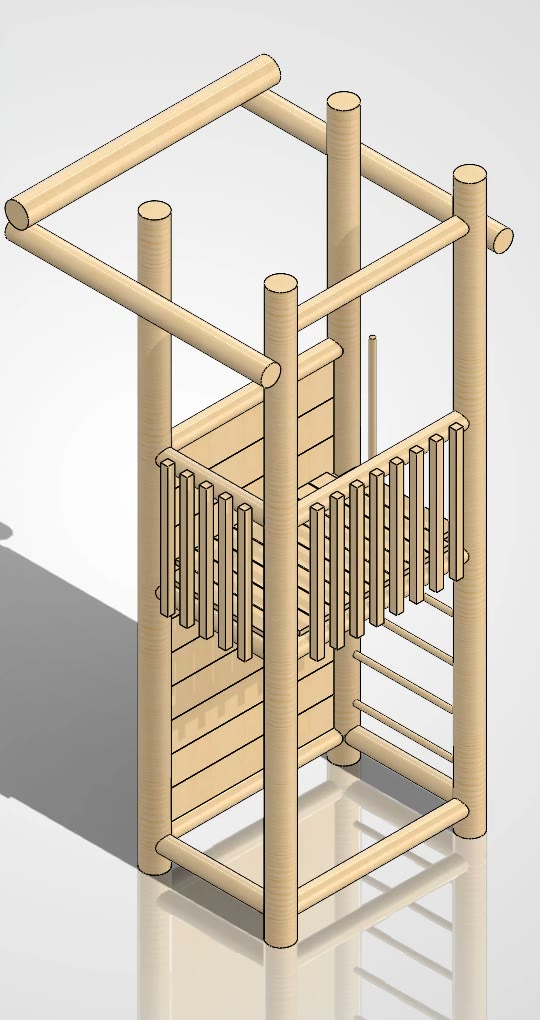 Design B in SOLIDWORKS: a timber tower with balustered barriers on two sides, a boarded wall, a thin-rung ladder, handholds and two arms carrying a tie beam