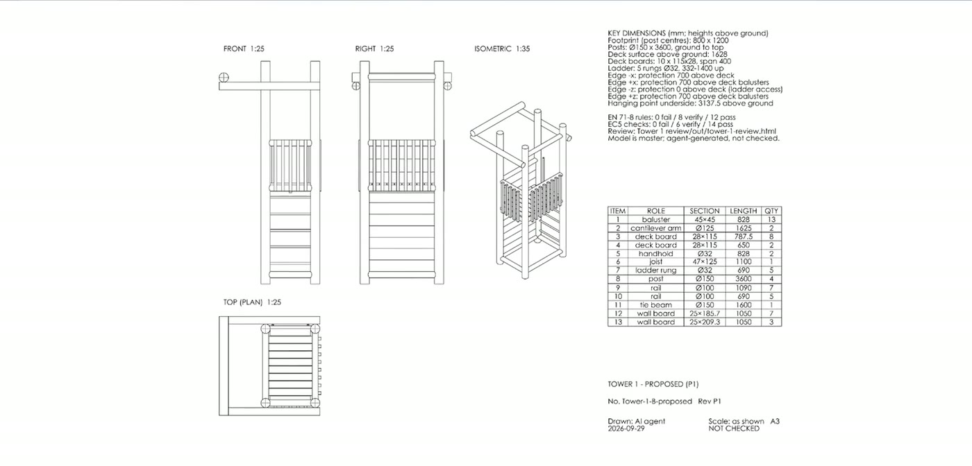 Generated A3 GA drawing of design B with front, right, plan and isometric views, key dimensions and a cut-list table